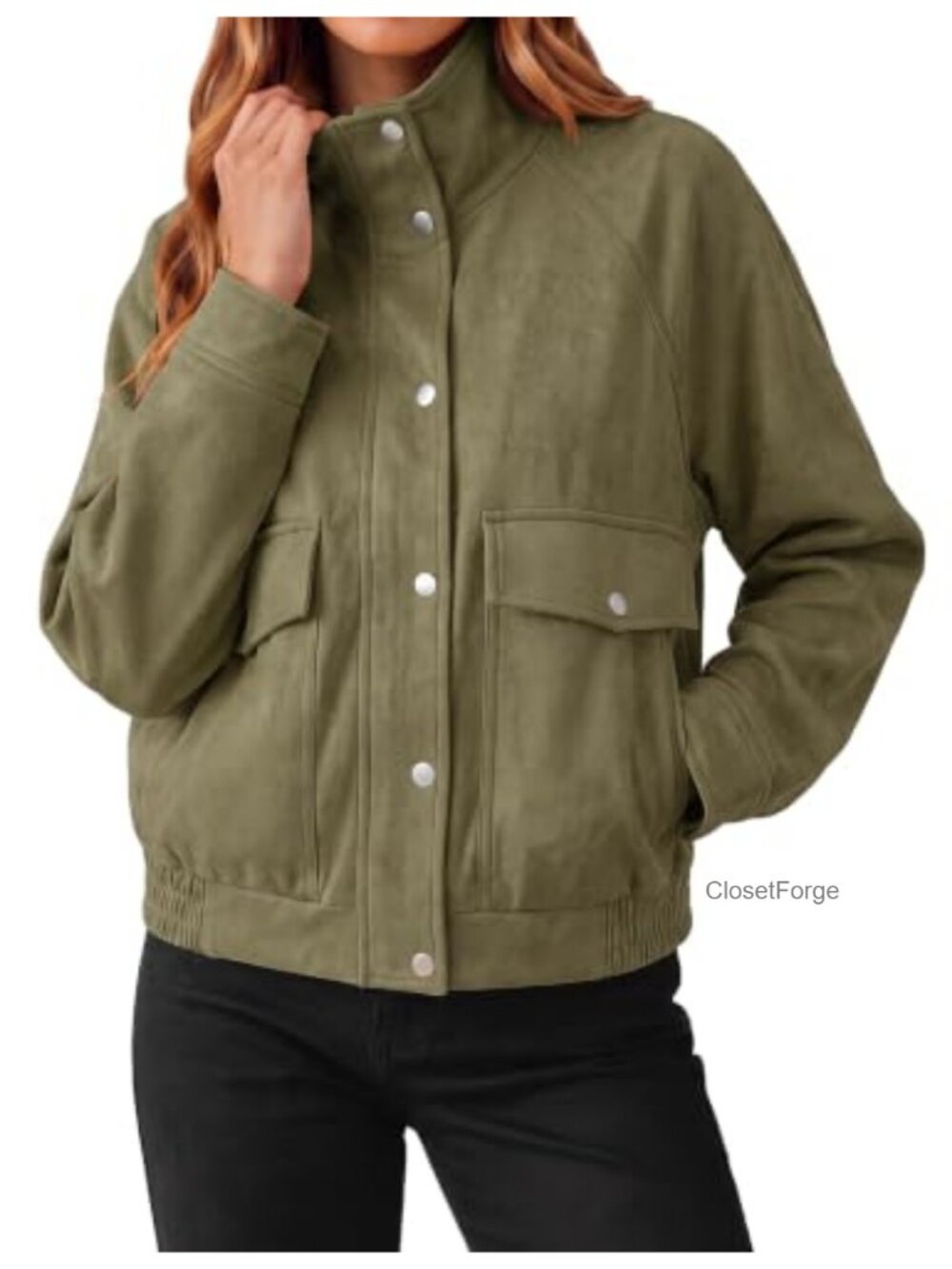 Faux Suede Bomber Jacket Stand Collar Zip Up Snap Button Lined Casual Coat